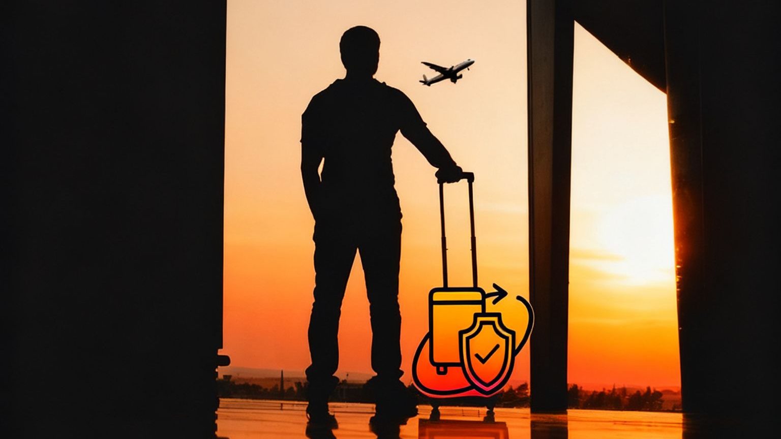 Icone e simboli per assicurazione viaggi: scudo blu centrale con segno di spunta, passaporto, biglietti aerei, bagagli, spiaggia, palme e un documento con la scritta 'ASSICURAZIONE VIAGGI
